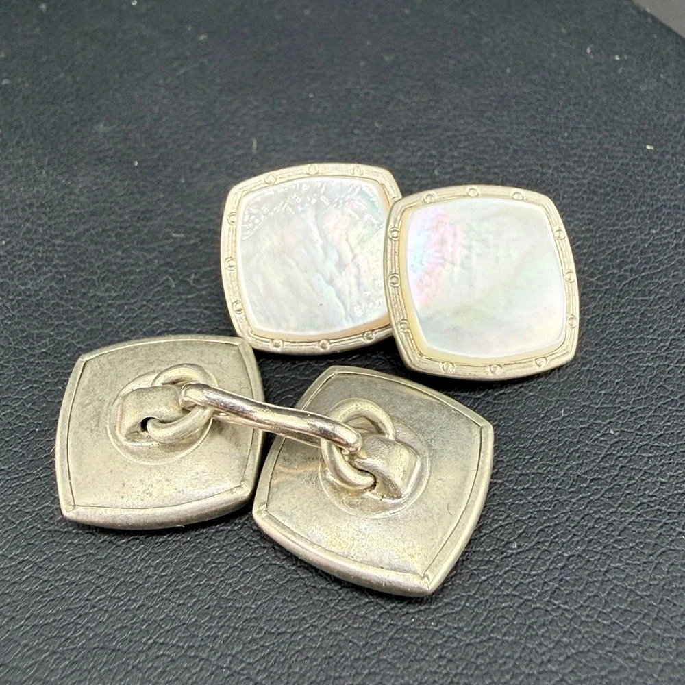 Vintage Cufflinks White Mother of Pearl Square Double Sided Silver Tone READ